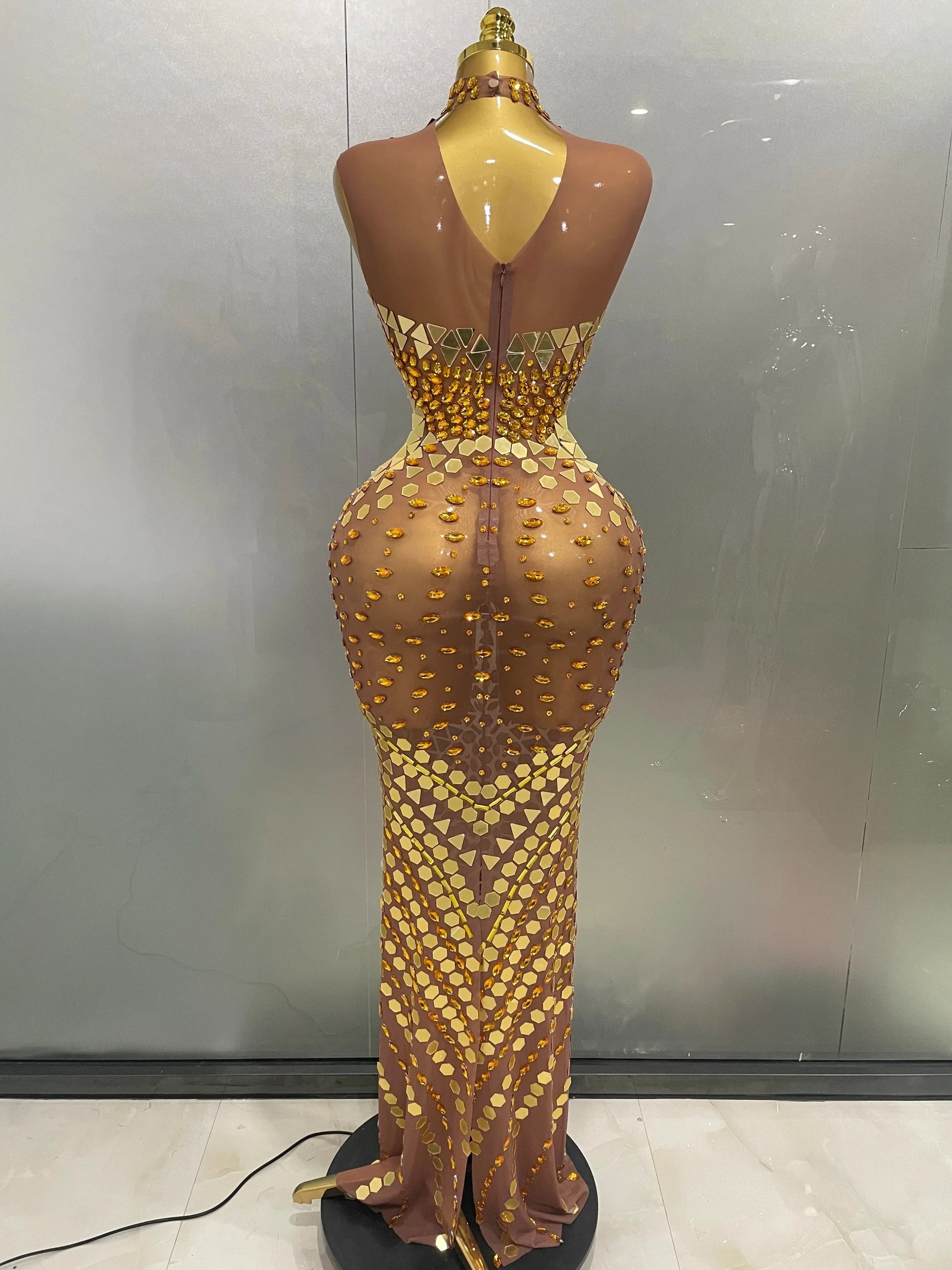 Luxury Shiny Mirror Rhinestones Hollowed-out Long Dress