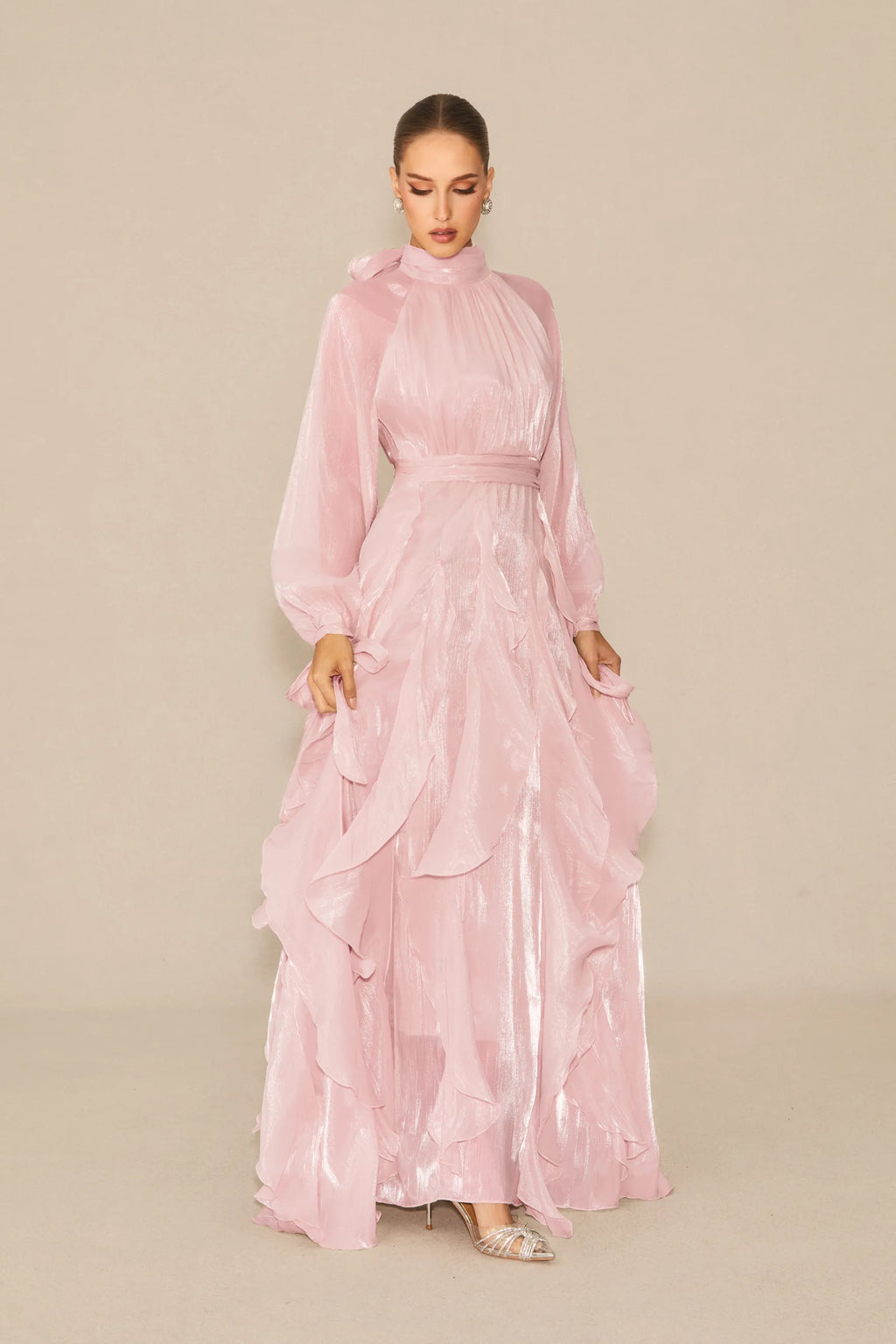 Estella Puff Sleeve Ruffle Trim Maxi Dress