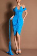 Halter Neck Decorative Rope Ruched Midi Dress