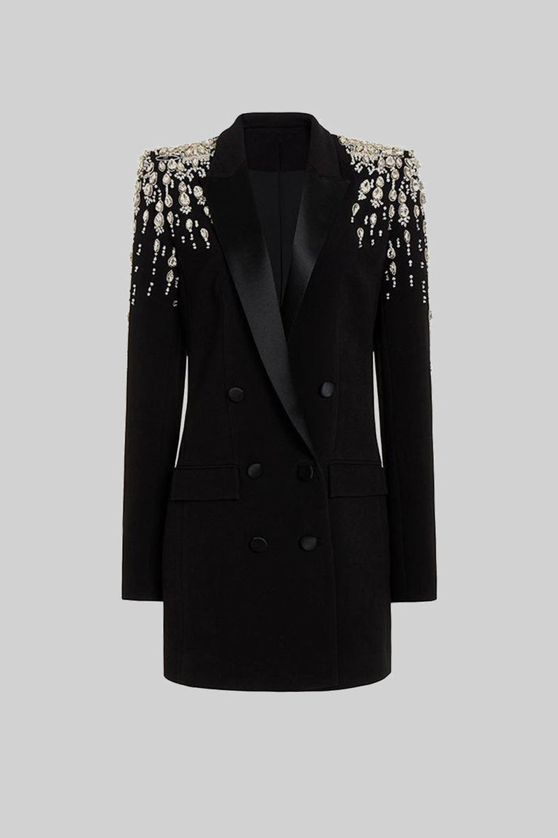 ELEGANT BLAZER WITH DIAMOND EMBELLISHED SHOULDERS - BLACK