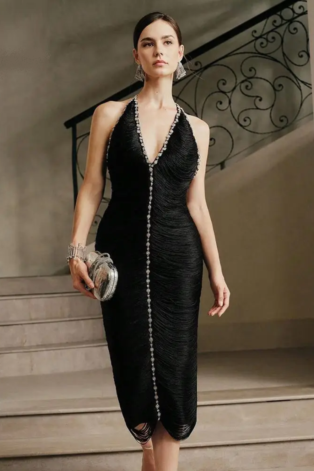 Stunned By You Black Deep V-Neck Fringe Midi Dress