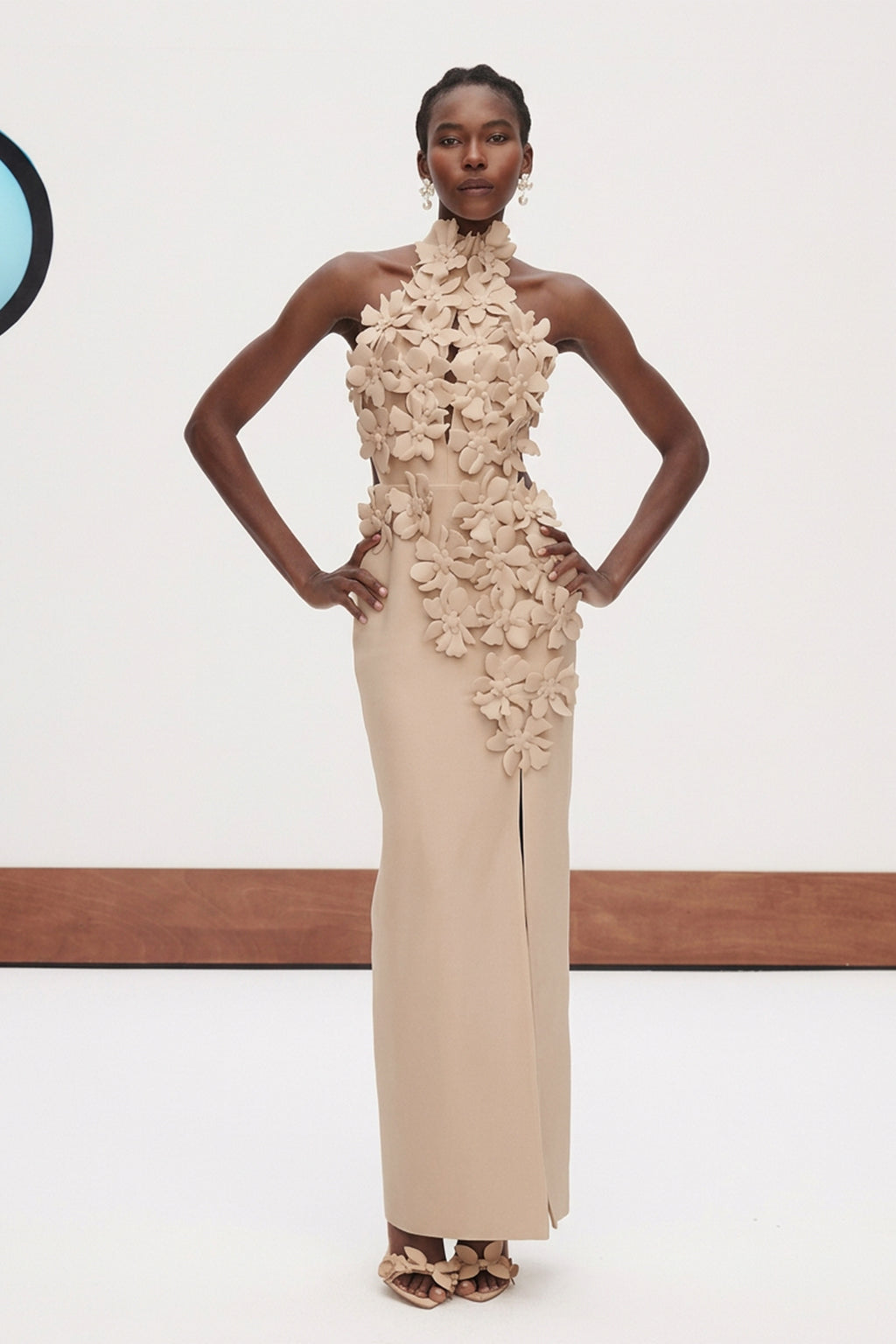 Kira Halter Neck Flower Split Maxi Dress In Apricot