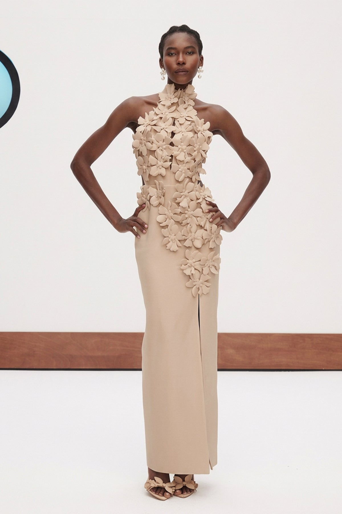 Kira Halter Neck Flower Split Maxi Dress In Apricot