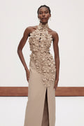 Kira Halter Neck Flower Split Maxi Dress In Apricot