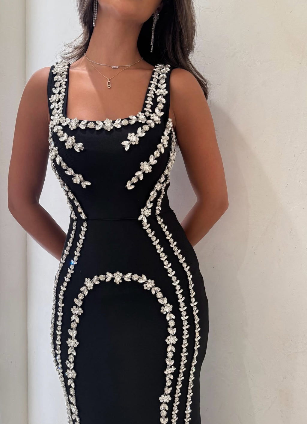 RHINESTONE - EMBELLISHED SQUARE - NECK MERMAID MAXI DRESS IN BLACK