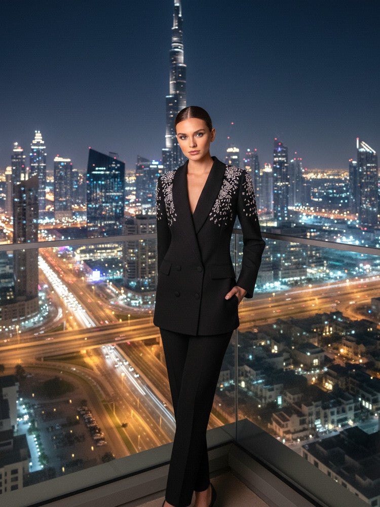 Long Sleeve Crystal Shoulders Suit Black