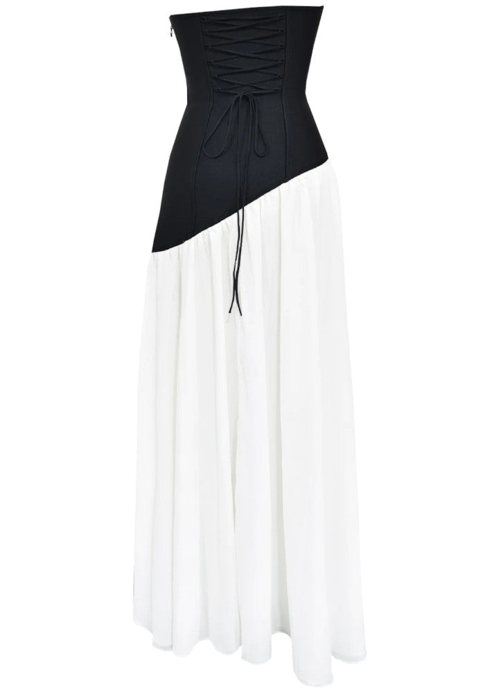 Strapless Corset A Line Maxi Dress Black White