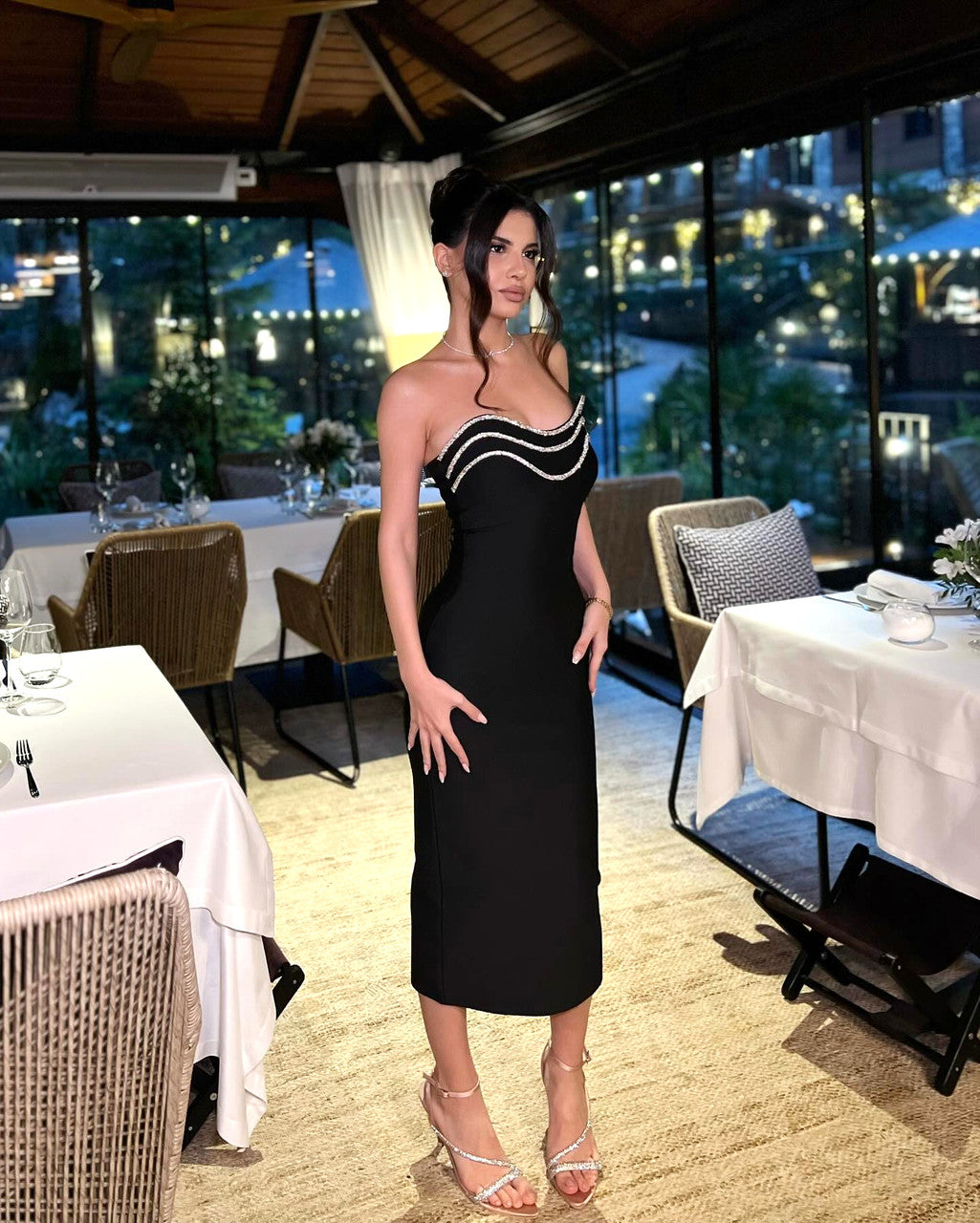 Strapless Crystal Trim Detail Midi Dress Black