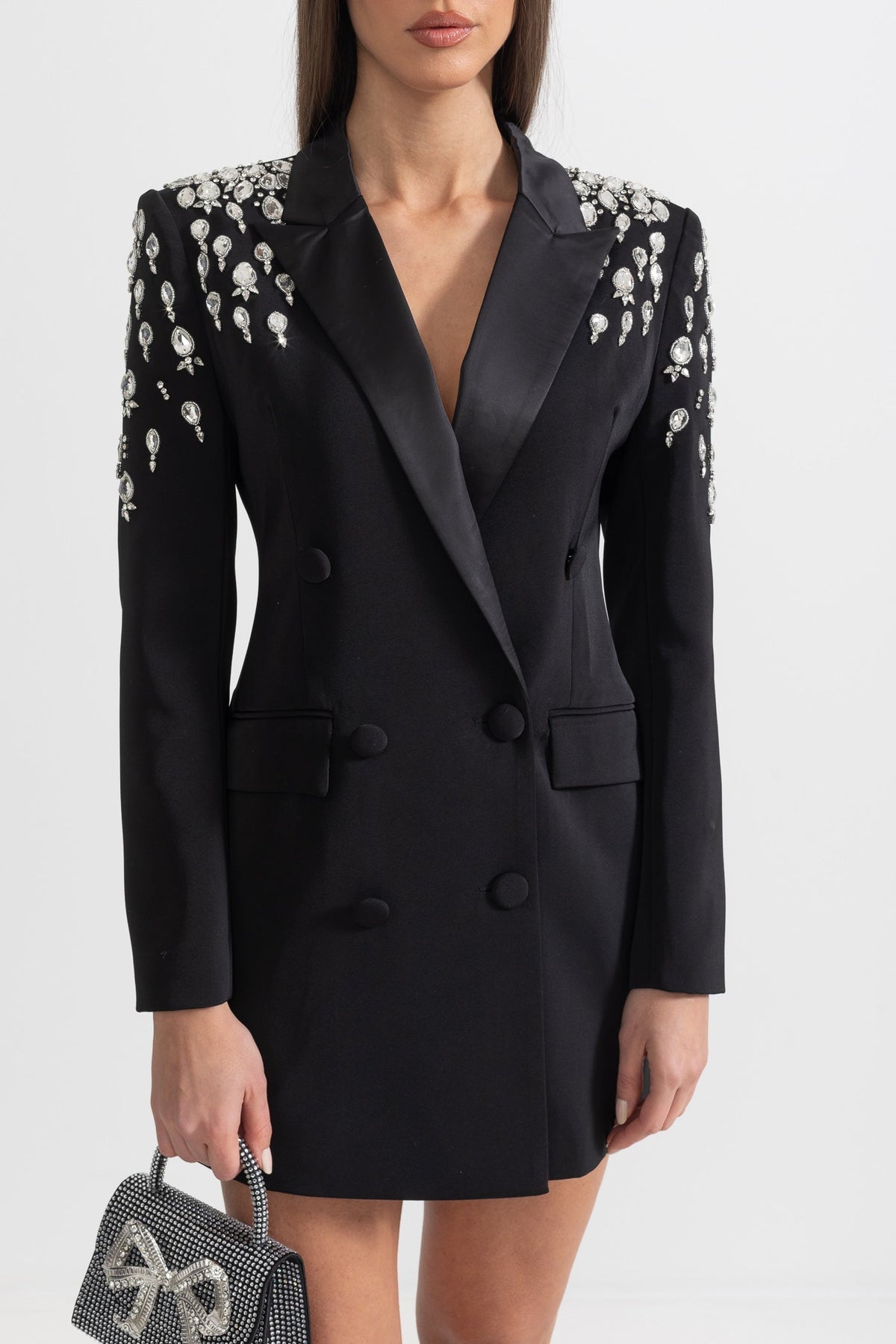 ELEGANT BLAZER WITH DIAMOND EMBELLISHED SHOULDERS - BLACK