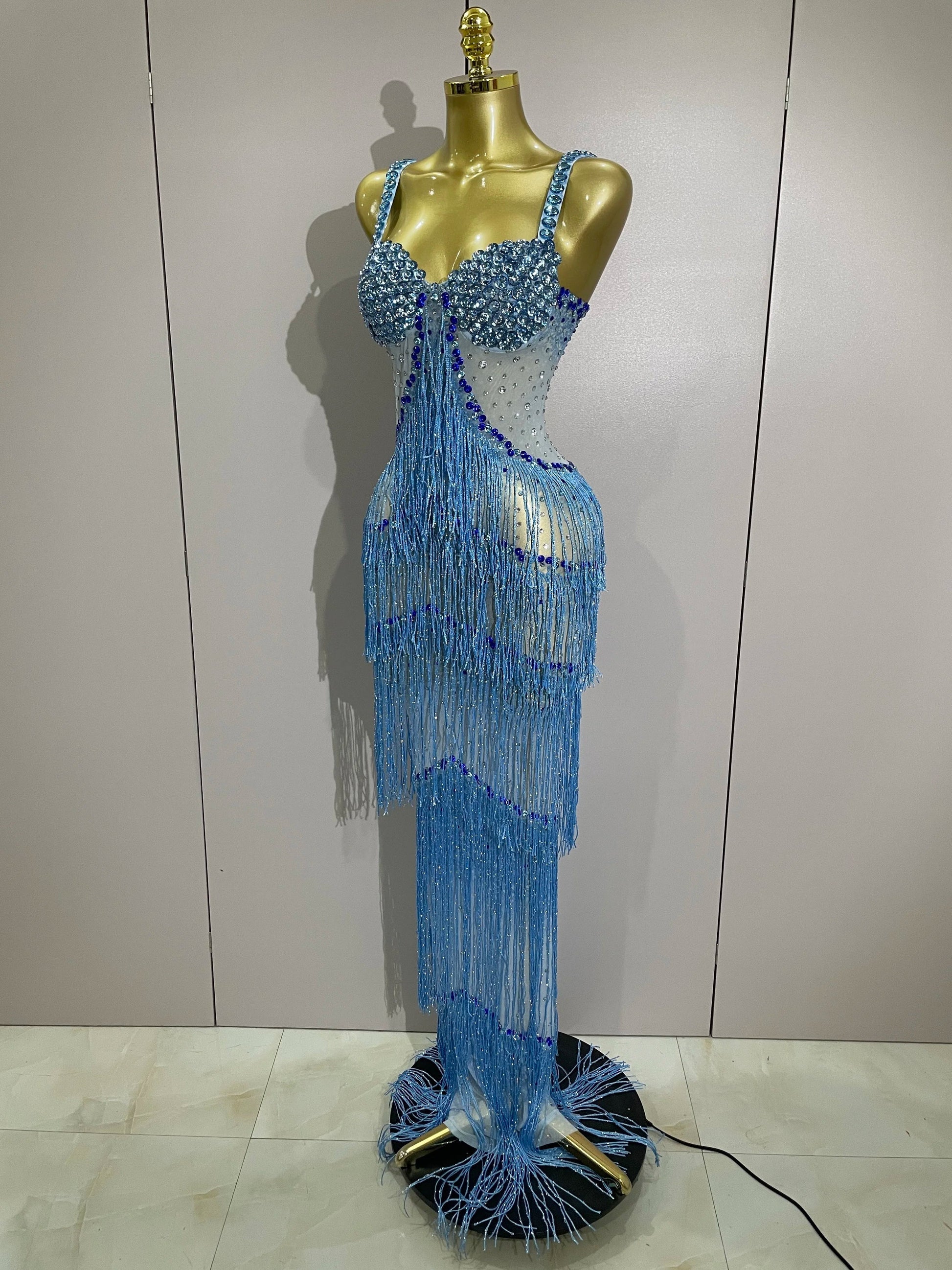 Sparkly Rhinestones Tassel sexy Mesh Slip Long Dress