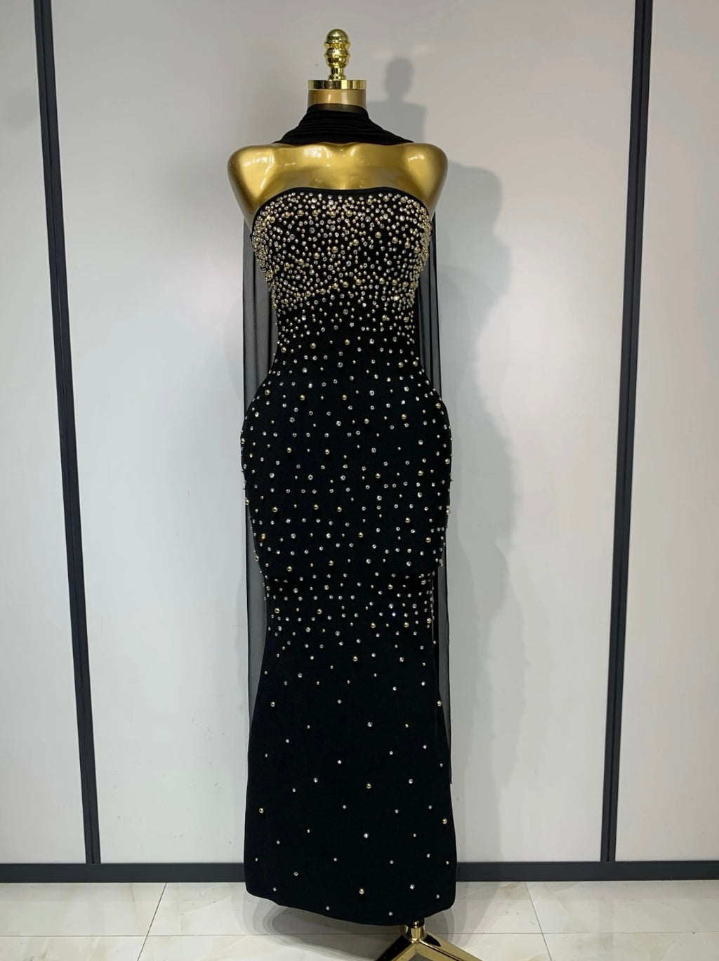 Bandage black dress with crystal and gold embroidery and a chiffon neck scarf