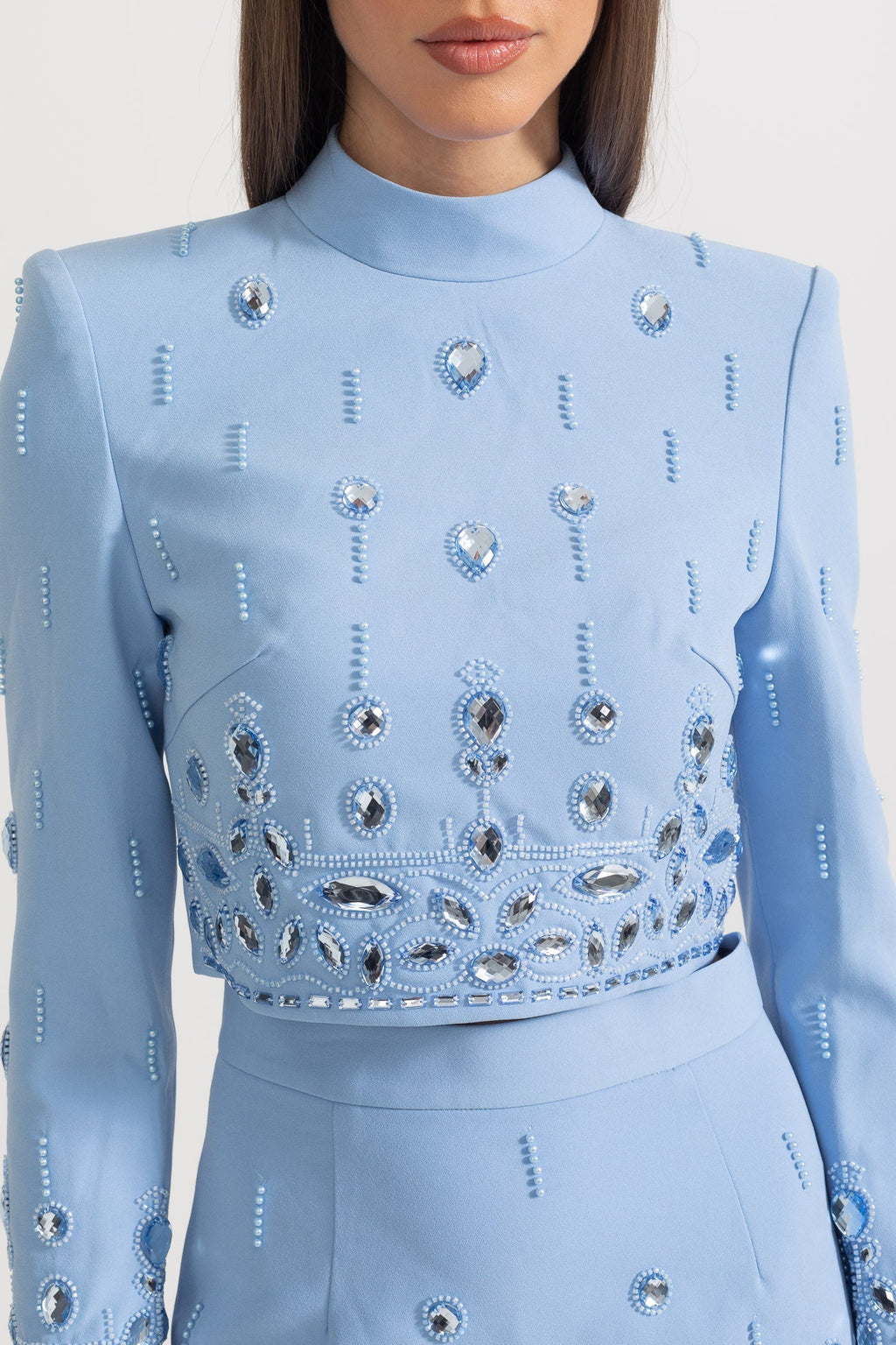 Beaded Biamond Cropped Top And skirt Suit