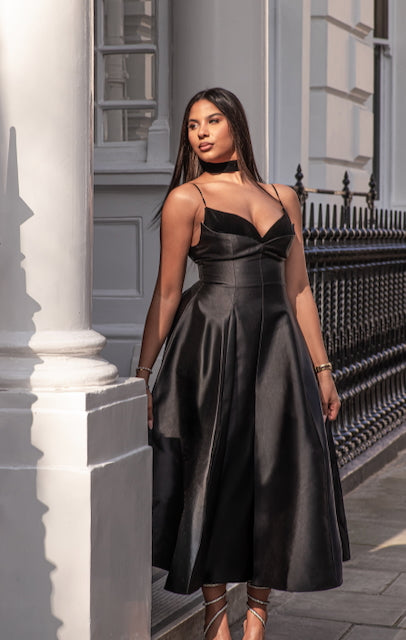 Roxane black pleated flared midi dress