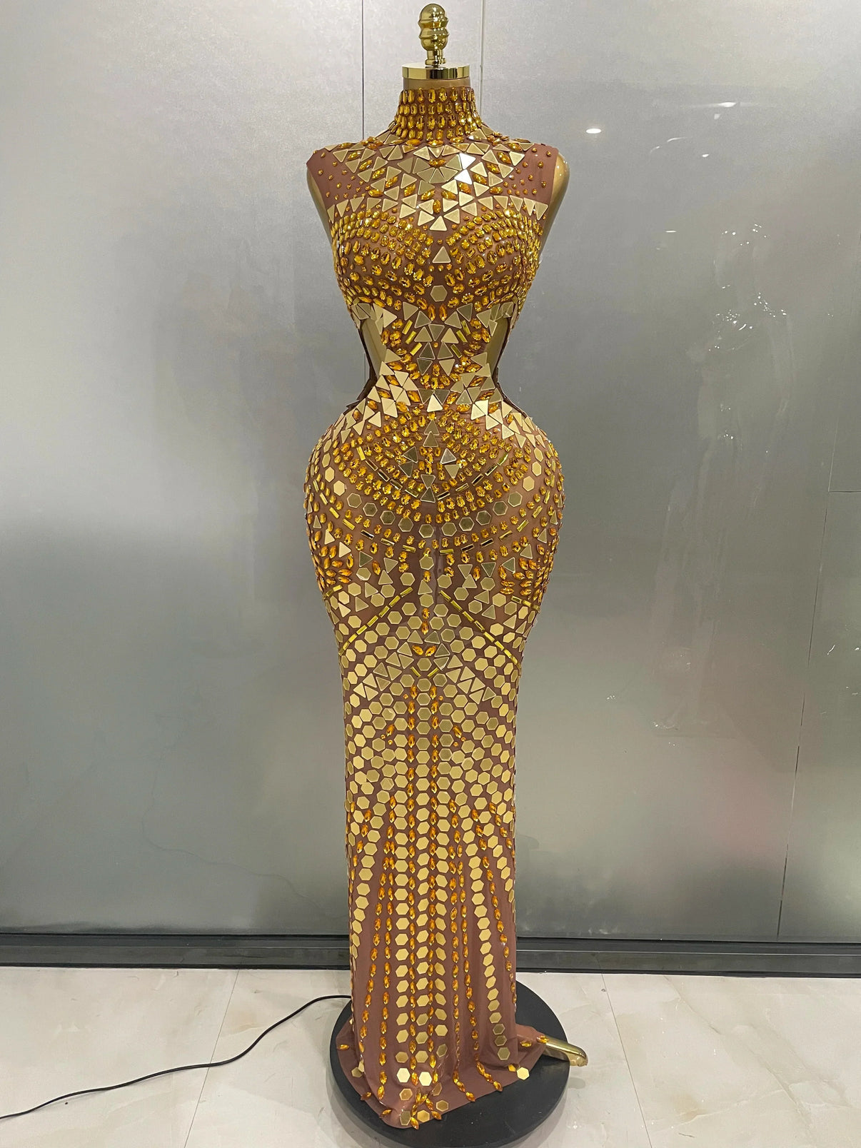 Luxury Shiny Mirror Rhinestones Hollowed-out Long Dress
