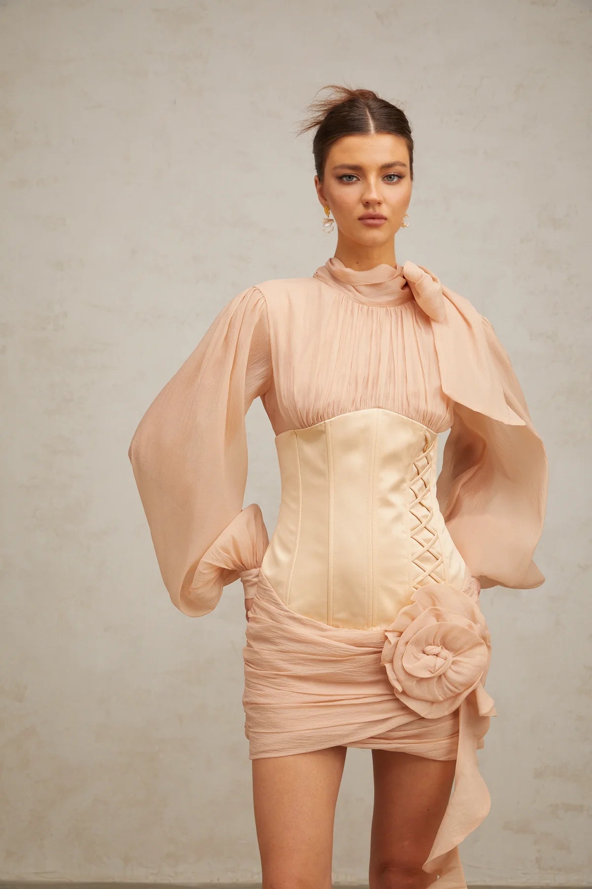 Téa cinched-waist floral-appliqué panelled mini dress