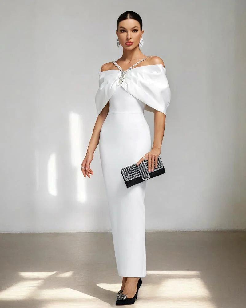 Halter Crystal Draped Bardot Maxi Dress White