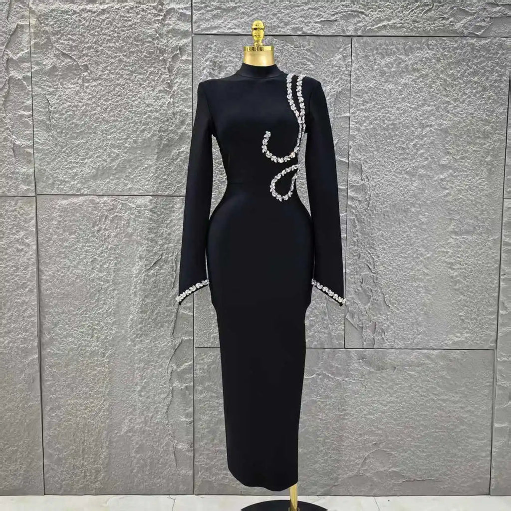 Black Red Women Long Sleeve Shinning Crystal Bodycon