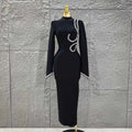 Black Red Women Long Sleeve Shinning Crystal Bodycon