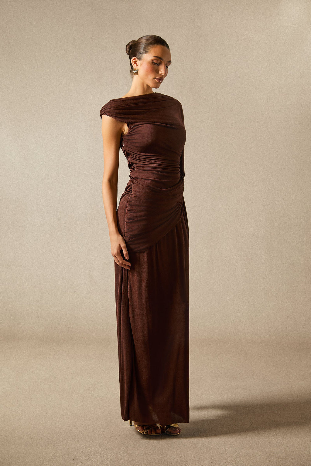 Aubrie One Shoulder Draped Cape Long Dress