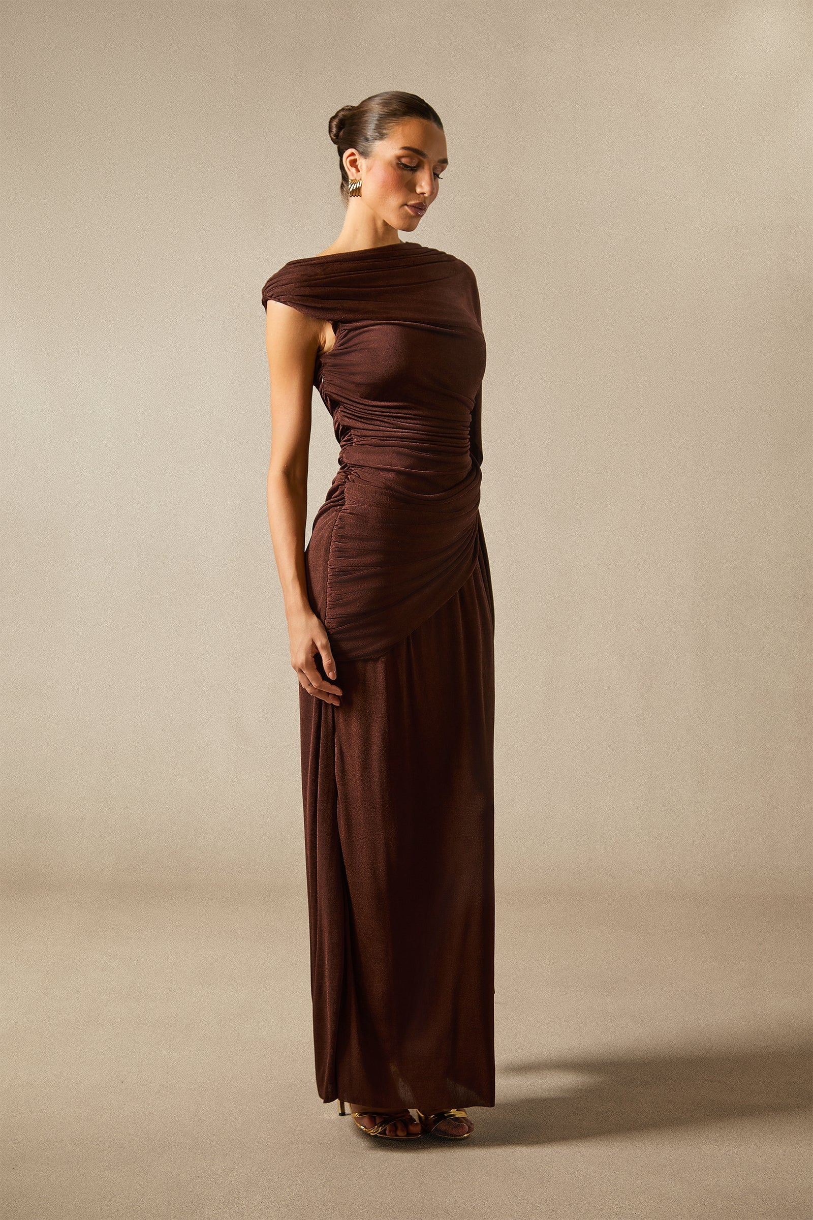 Aubrie One Shoulder Draped Cape Long Dress