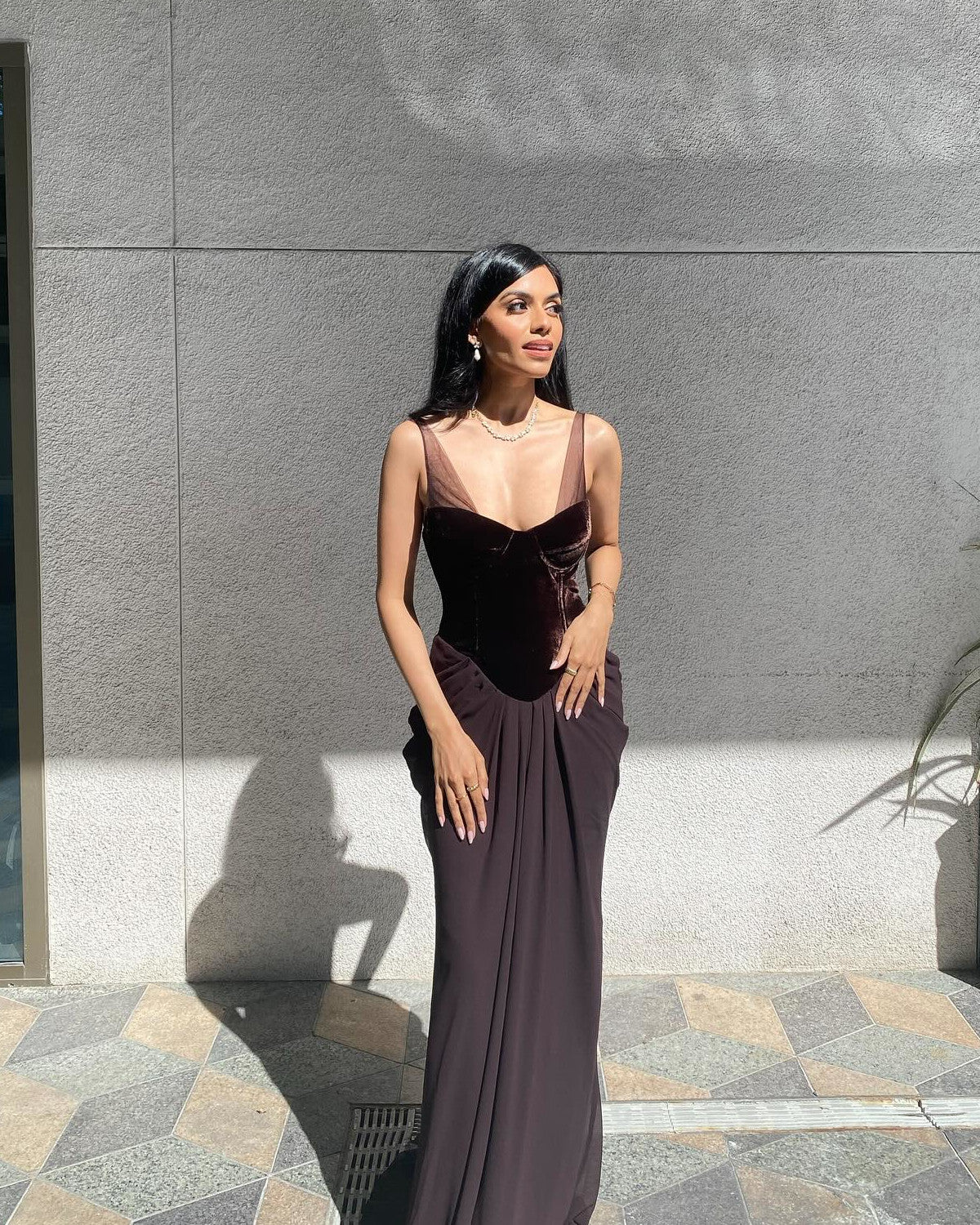 Velvet Bustier Draped Maxi Dress Brown