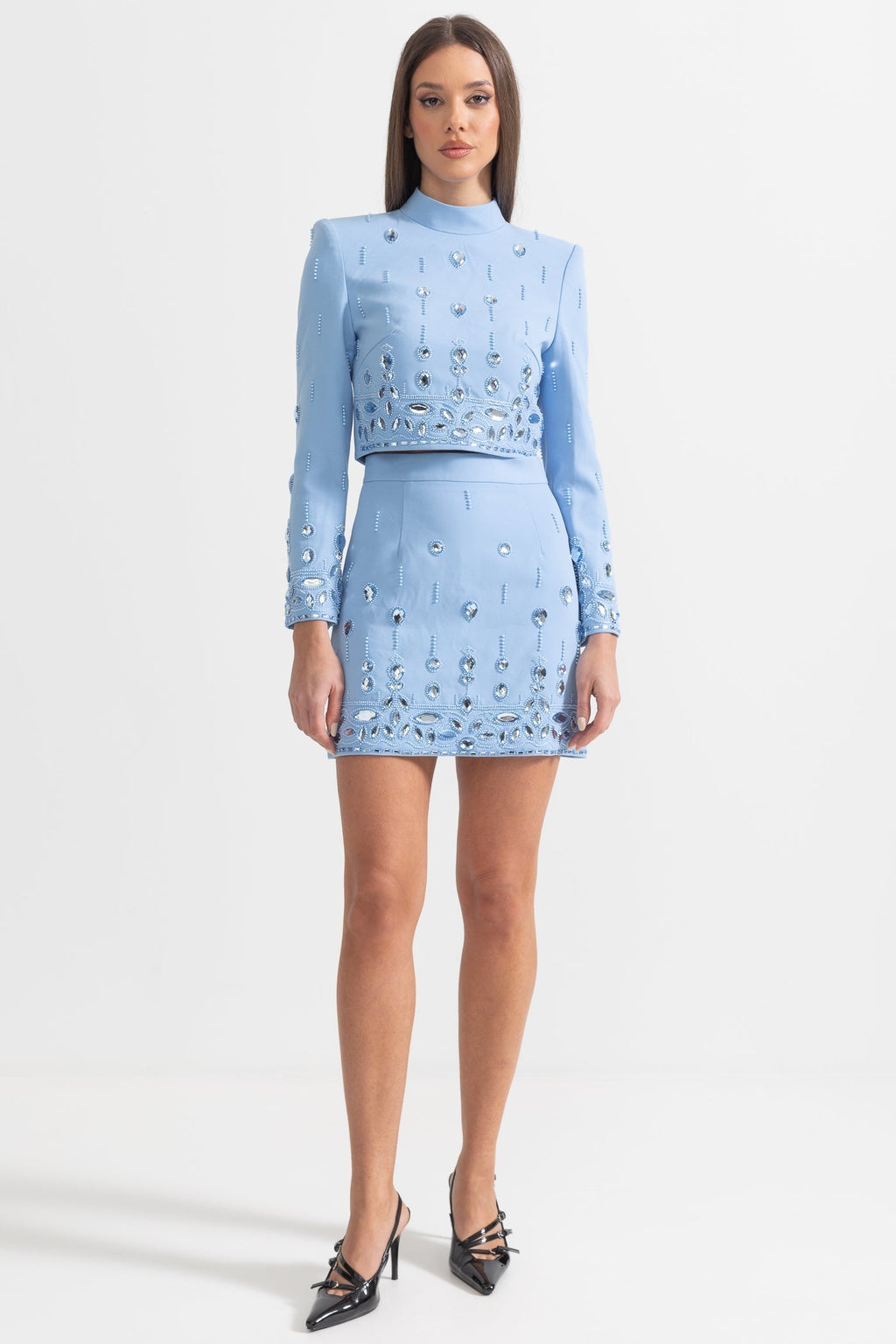 Beaded Biamond Cropped Top And skirt Suit