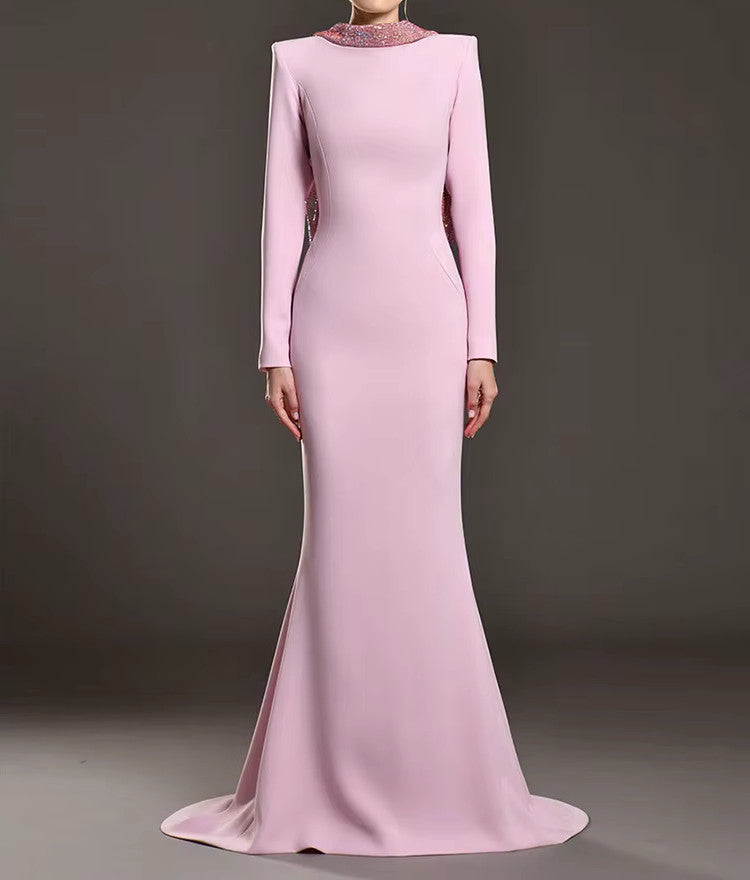 Long Sleeve Backless Crystal Flower Maxi Dress Lavender