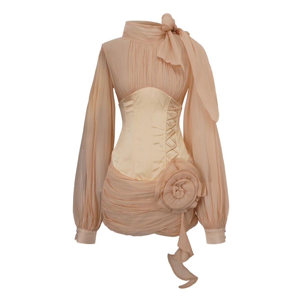 Téa cinched-waist floral-appliqué panelled mini dress