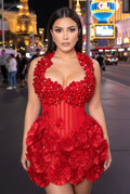 Halter Crystal Floral Dress Red
