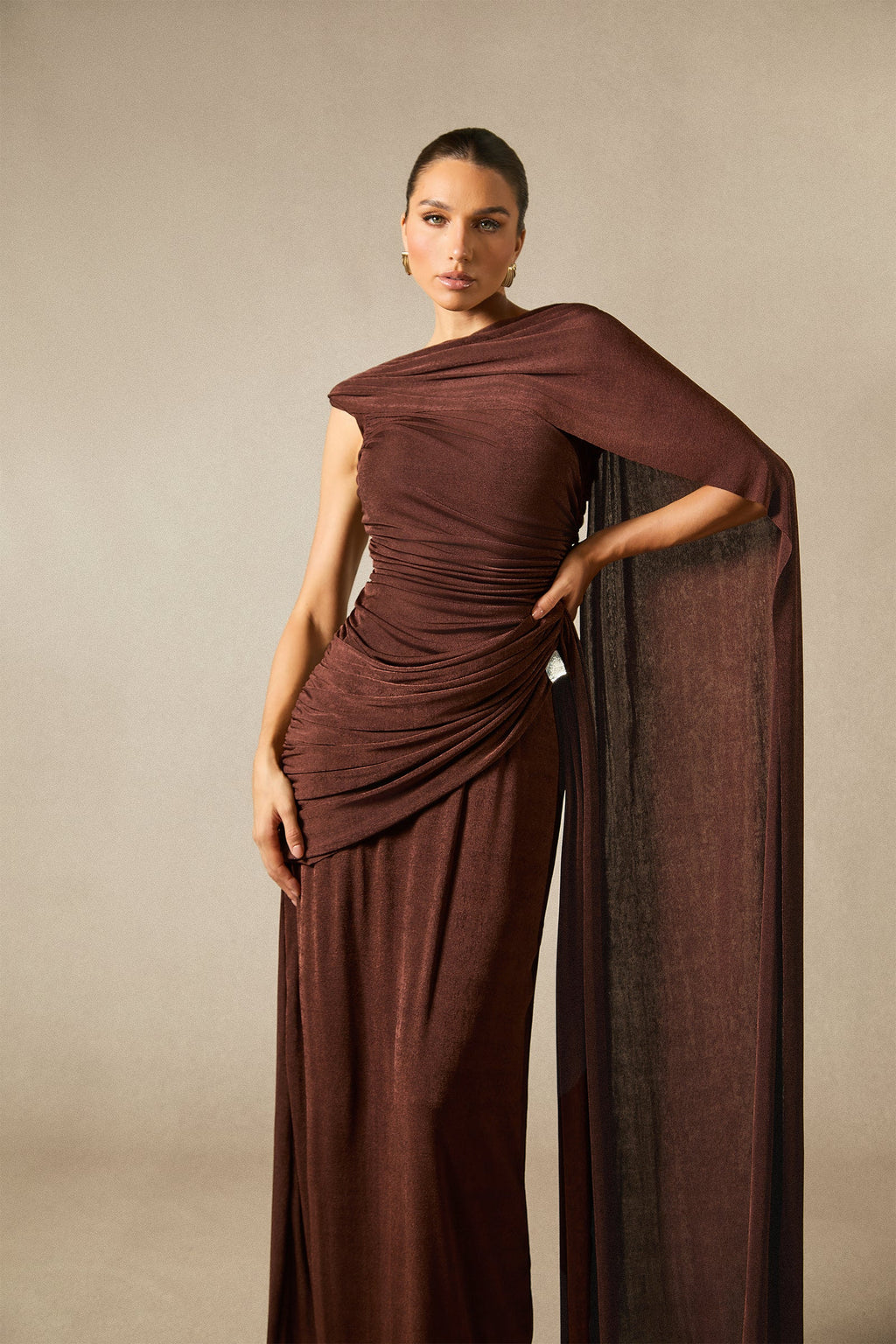 Aubrie One Shoulder Draped Cape Long Dress