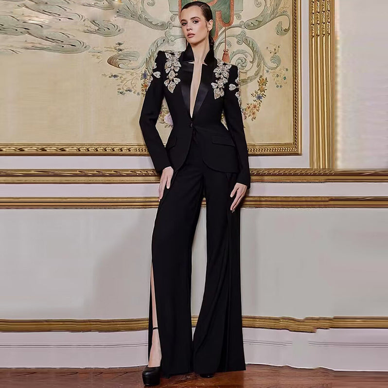 Star Fashion Heavy Industry Diamond Beading Stand Collar Blazer Slit Pants Suit