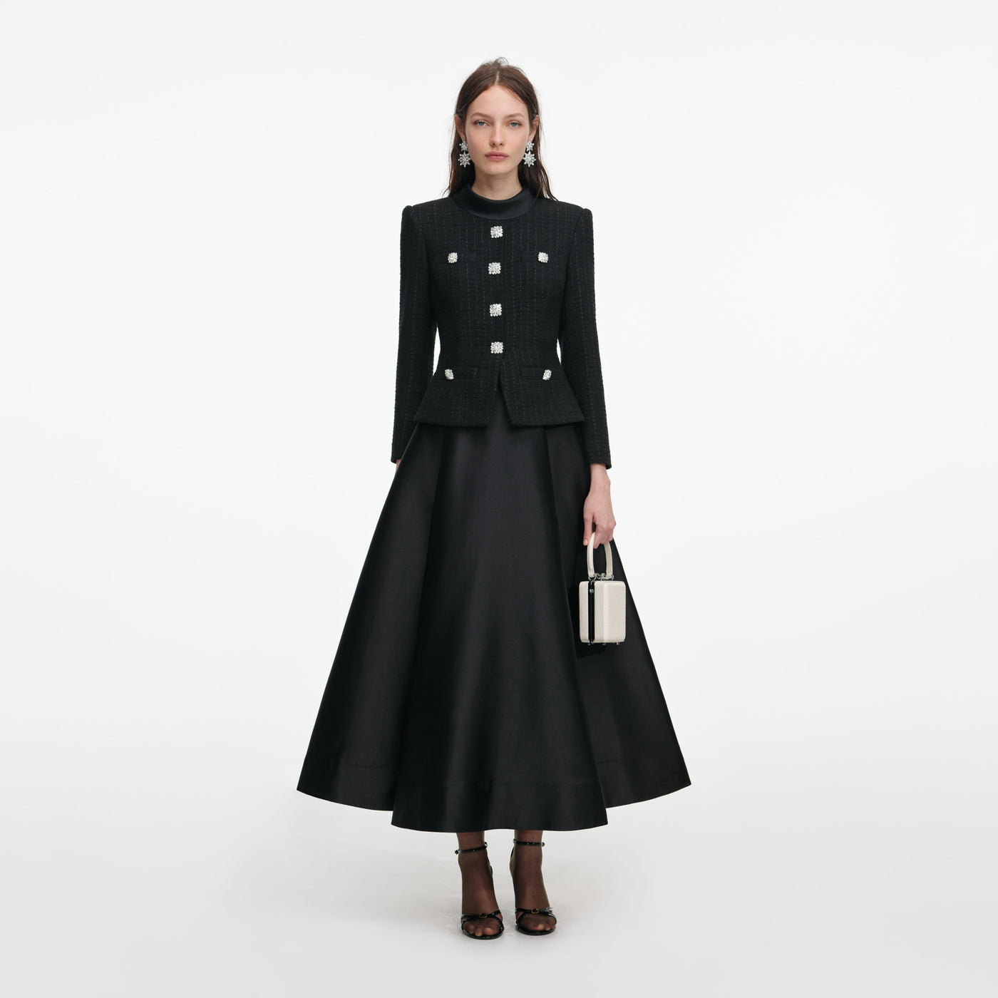 Tailored bouclé and taffeta midi dress