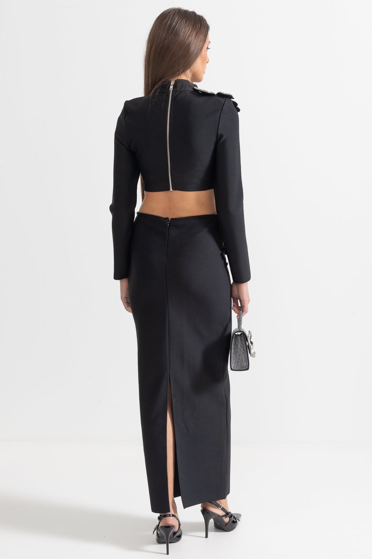 Black Diamond Flower Accent 2 Piece Set With Long Sleeves Top And Maxi Skirt