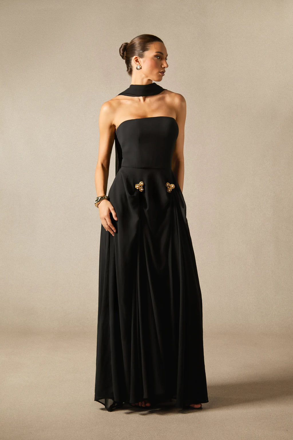 Sarah Strapless Floral Detail Maxi Dress with Scarf