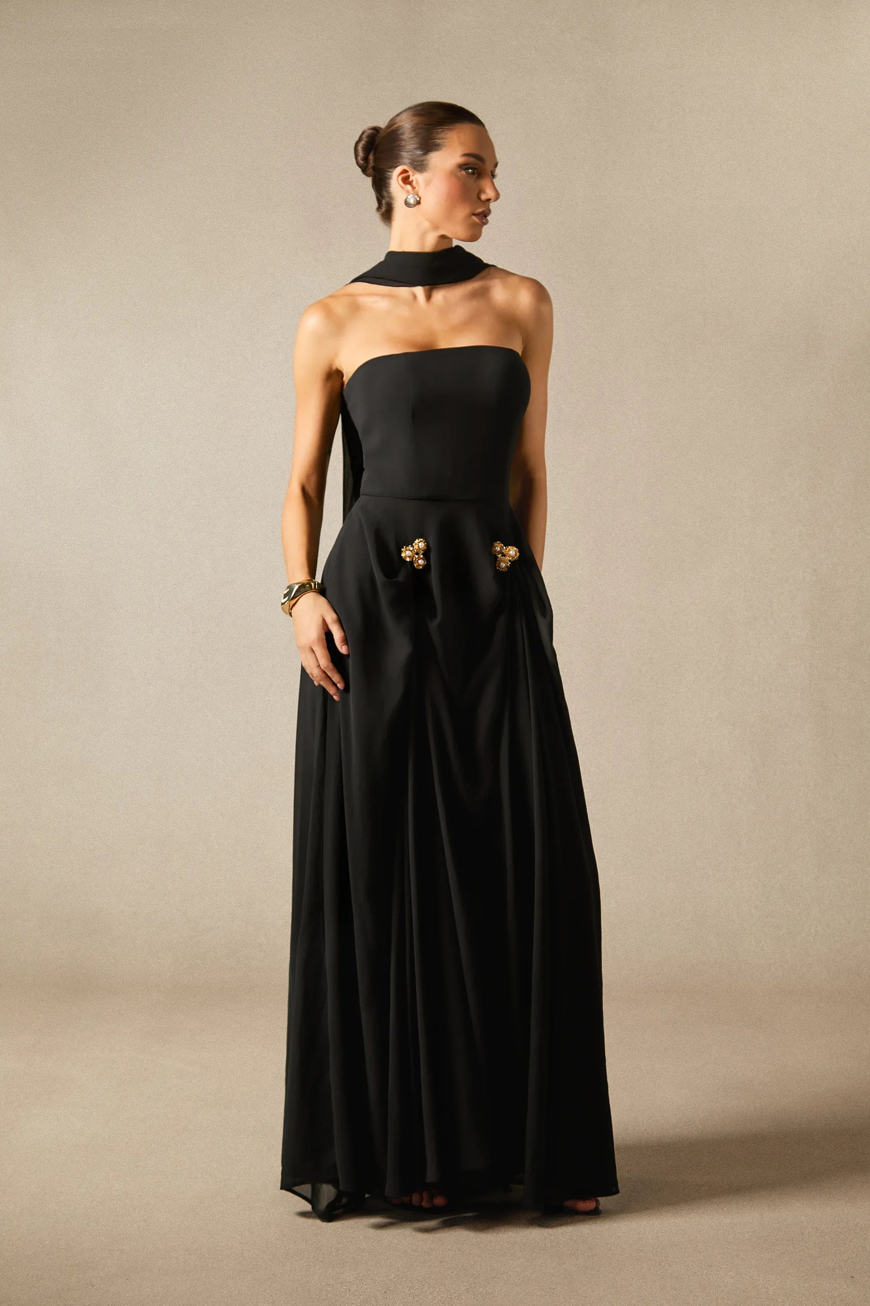 Sarah Strapless Floral Detail Maxi Dress with Scarf