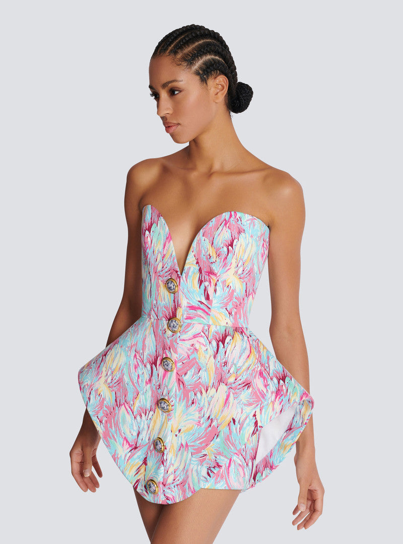 Peplum bustier dress with Feather print