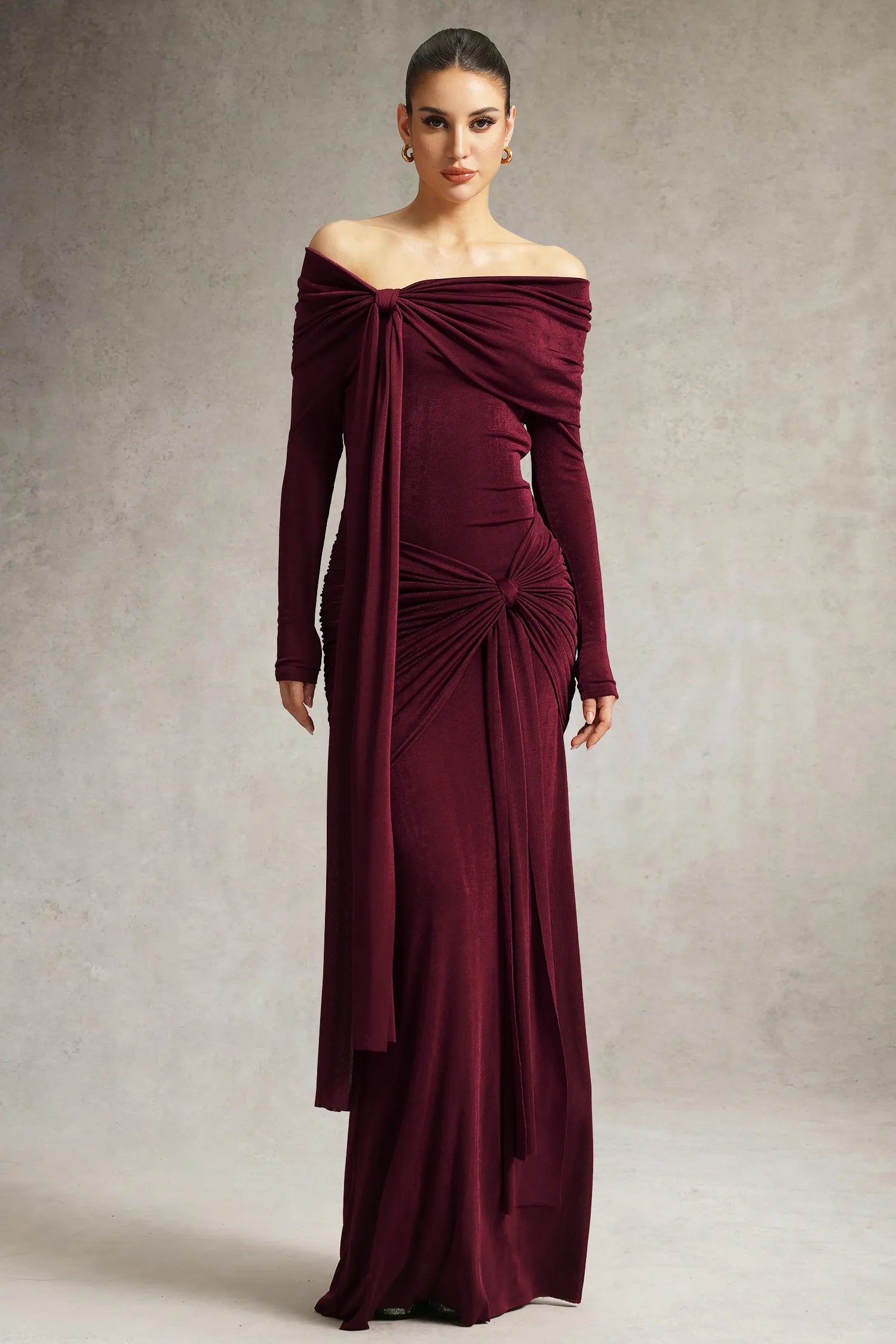 Jillian Off Shoulder Long Sleeve Ruched Red Maxi Dress
