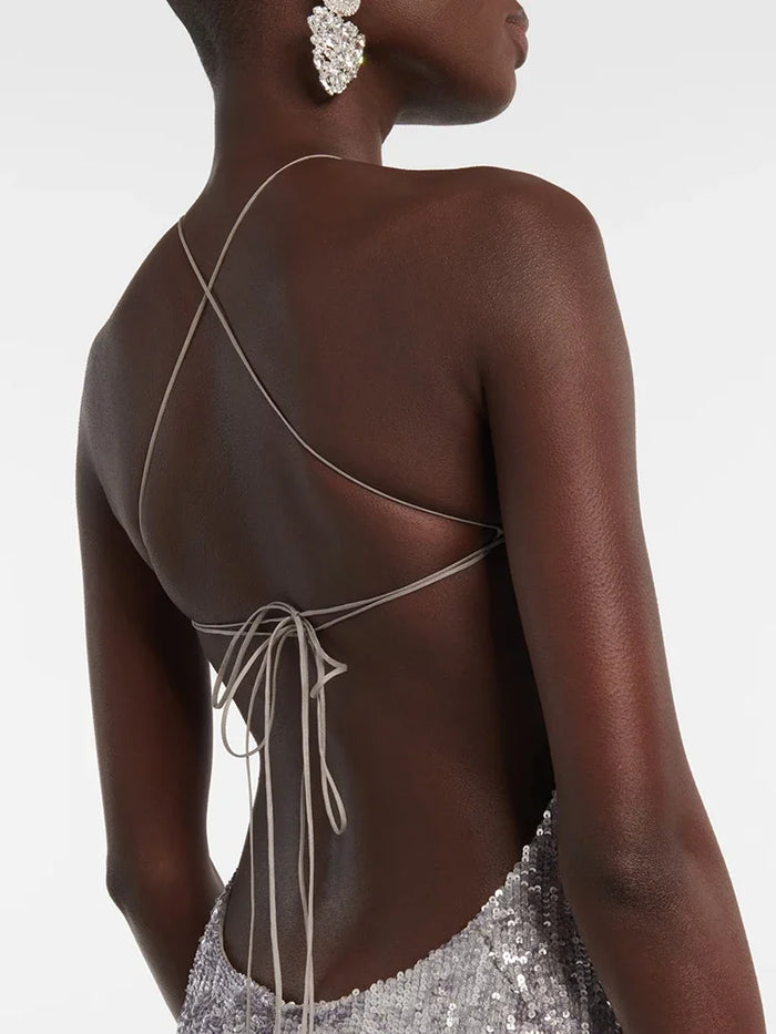 Alluring Floral Sequin Backless Maxi Dress