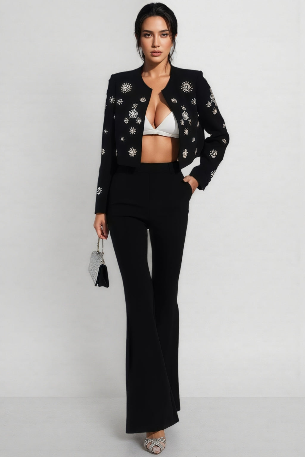 EMBELLISHED BEADED JACKET SET IN WHITE