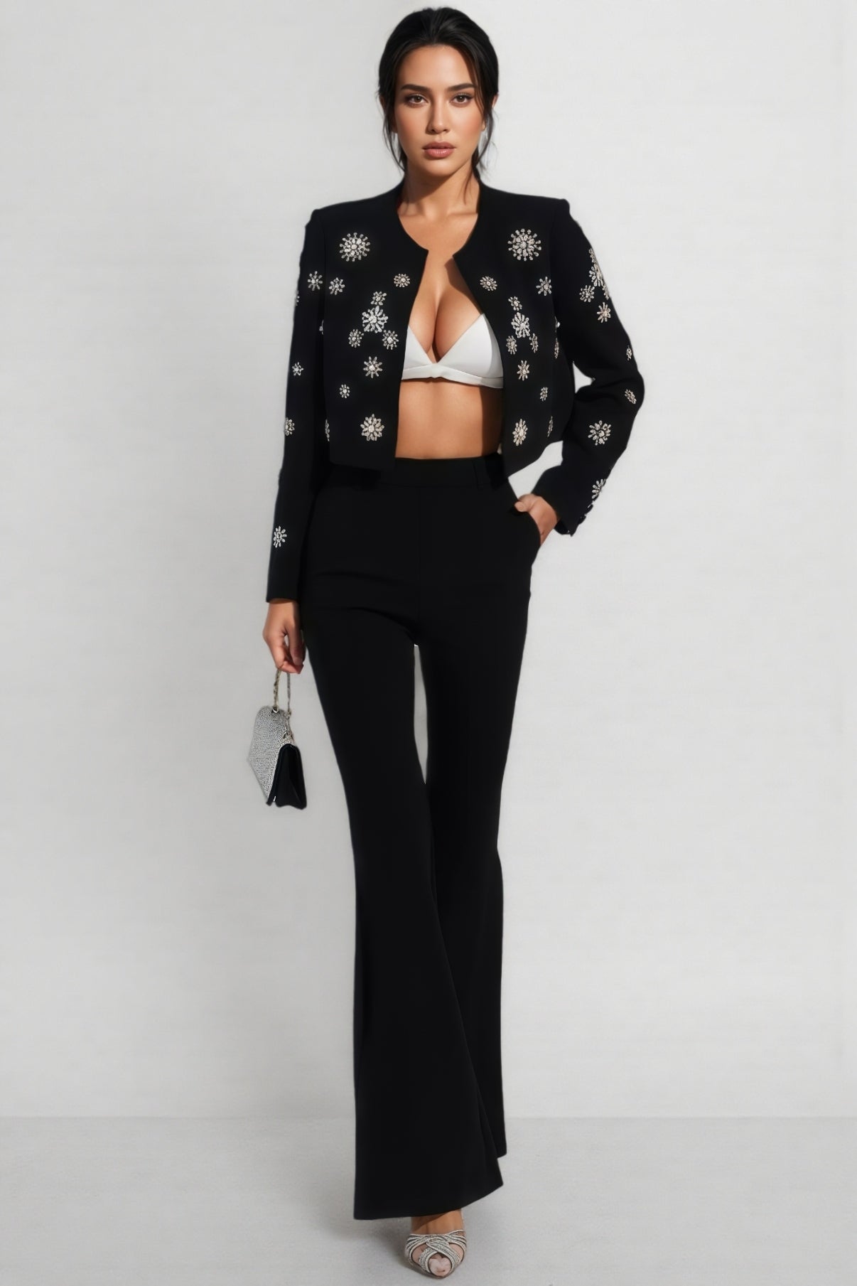 EMBELLISHED BEADED JACKET SET IN WHITE