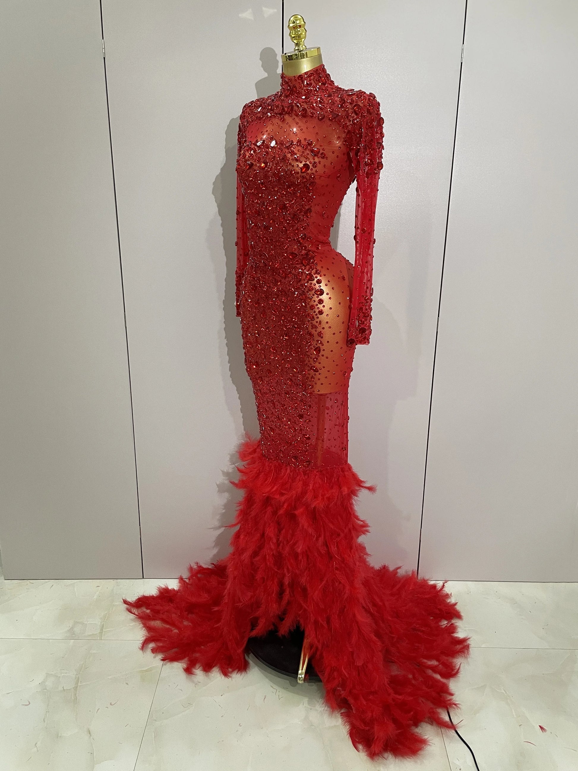 Sparkling Red Crystals Feathers Long Sleeve