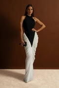 HALTER MAXI DRESS WITH CONTRASTING RUCHED PANELING - BLACK/WHITE