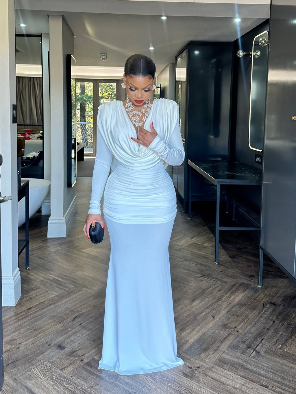 Cowl Neck Long Sleeve Draped Gown