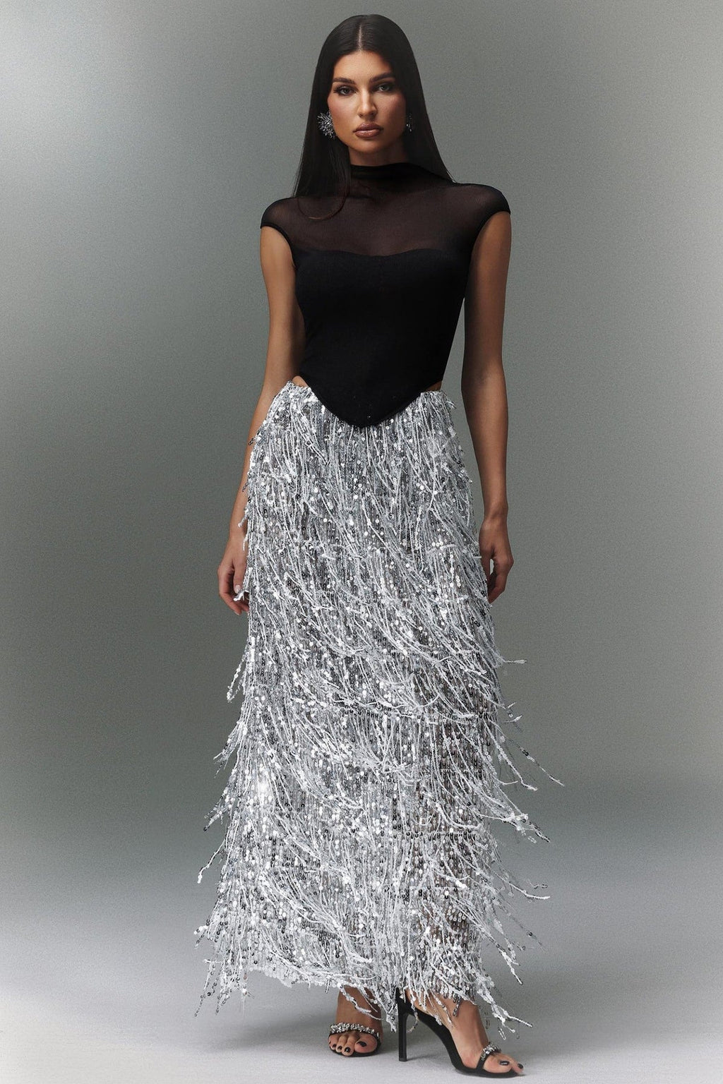 Kaaya | 2 Piece Set Corset Top Maxi Fringe Sequin Skirt