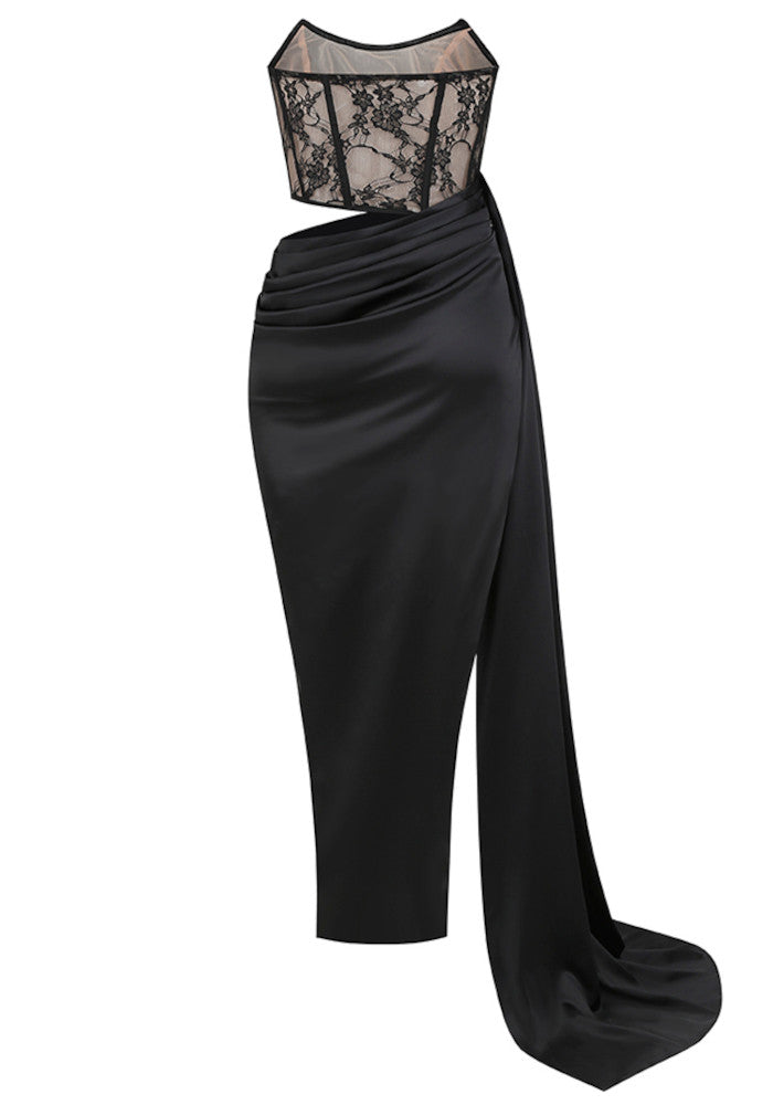 Strapless Lace Corset Draped Maxi Dress Black