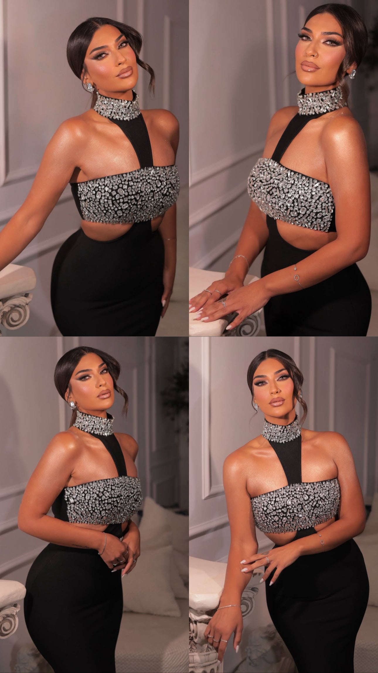 Long black dress with rhinestones and a bare back