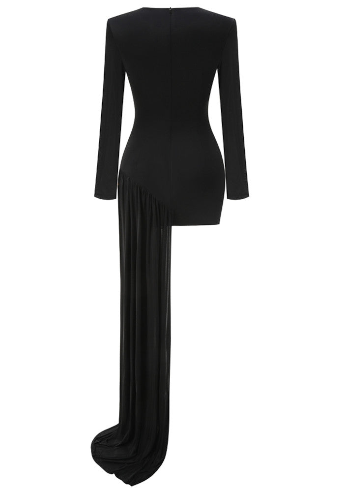 Long Sleeve Crystal Detail Draped Dress Black