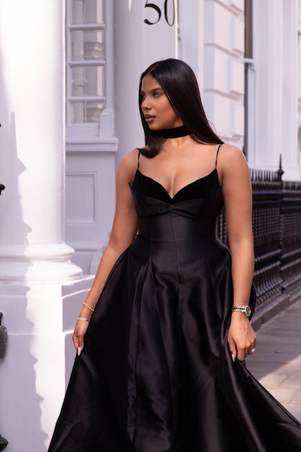 Roxane black pleated flared midi dress