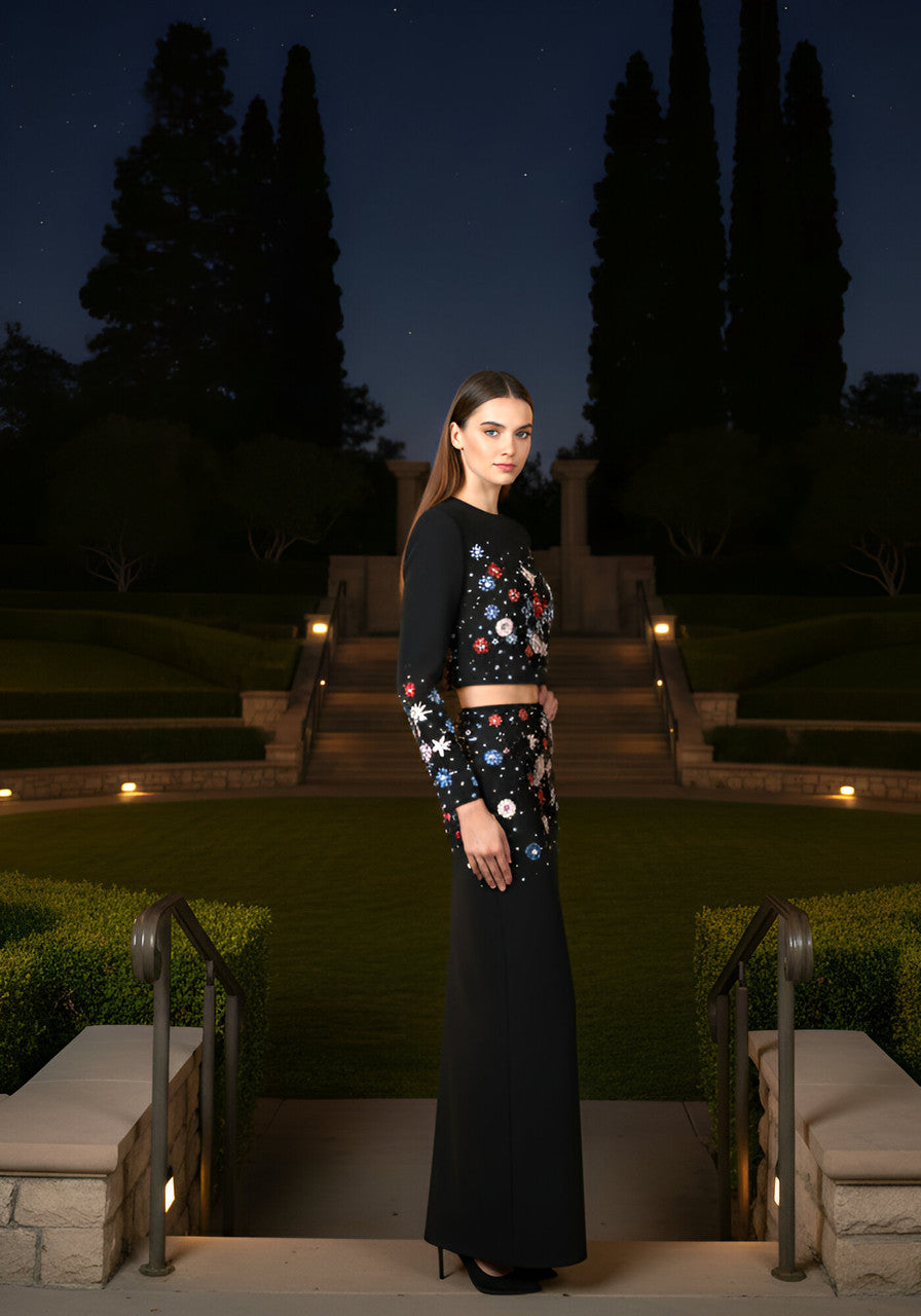 Long Sleeve Embellished Two Piece Maxi Dress Black
