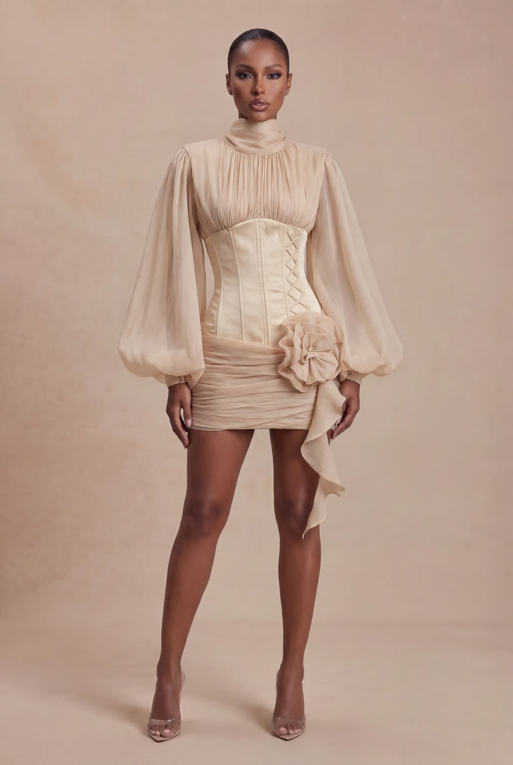 Téa cinched-waist floral-appliqué panelled mini dress